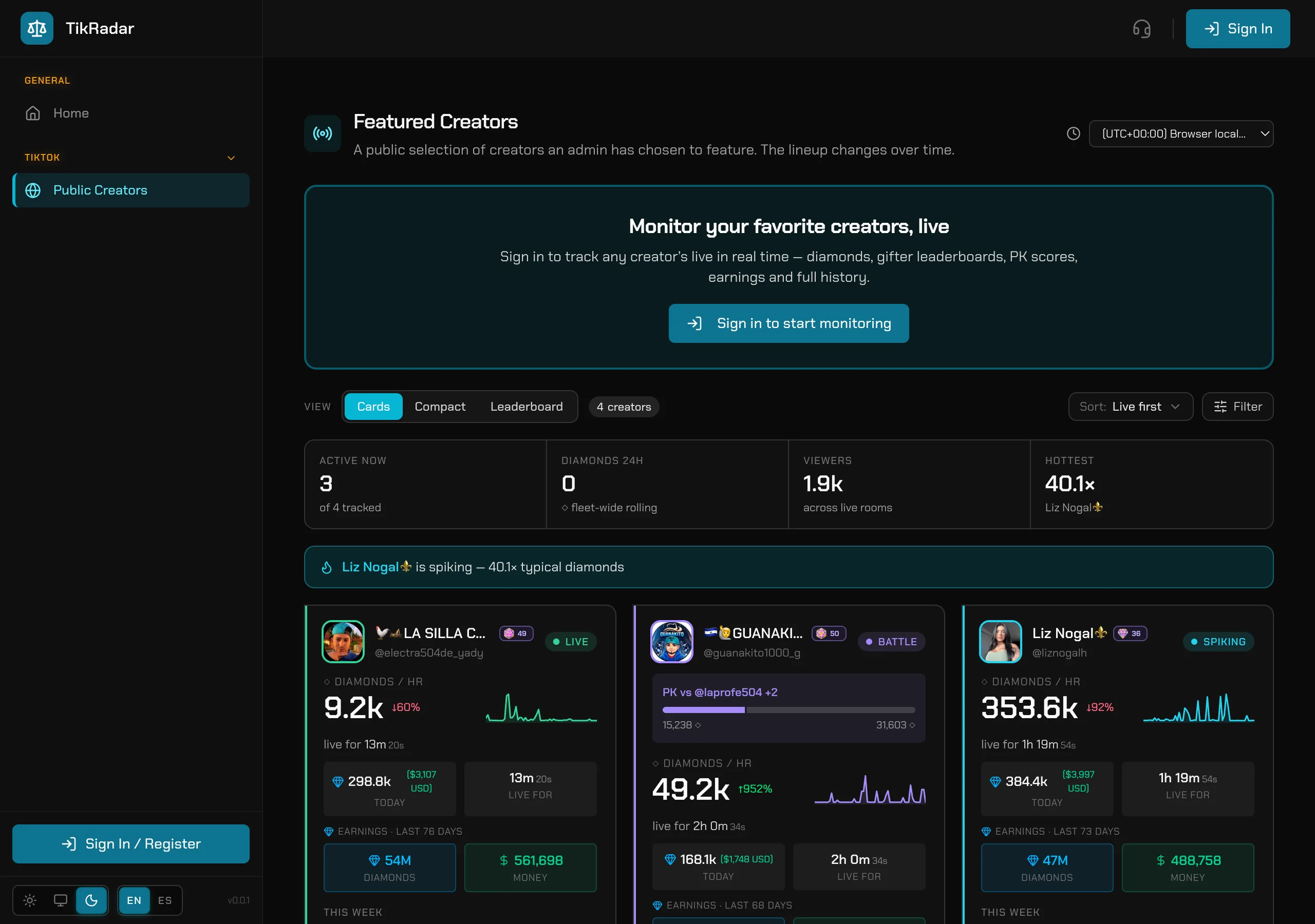 The TikRadar roster board with creator cards, live states and fleet stats