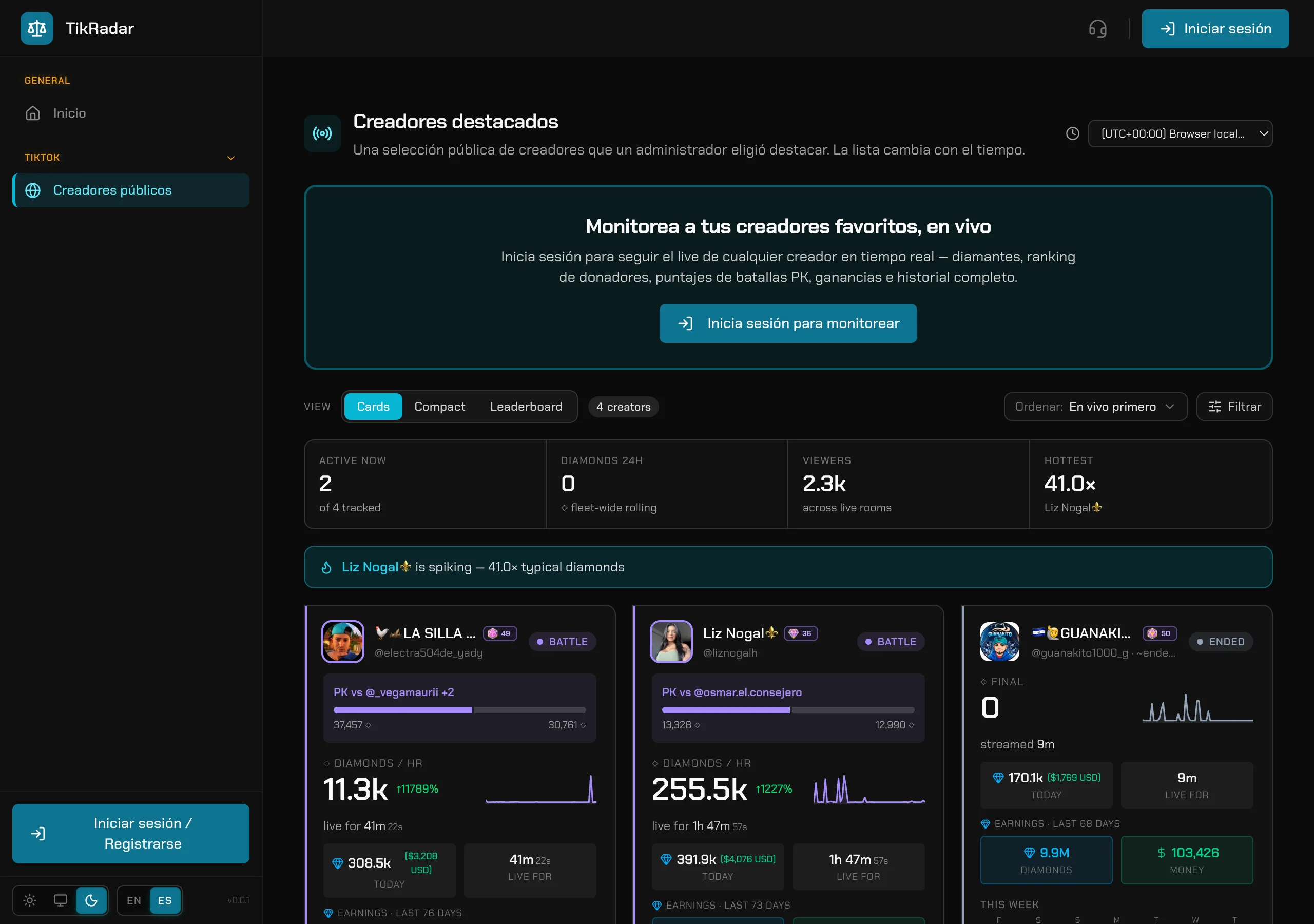 The TikRadar console fully localized in Spanish