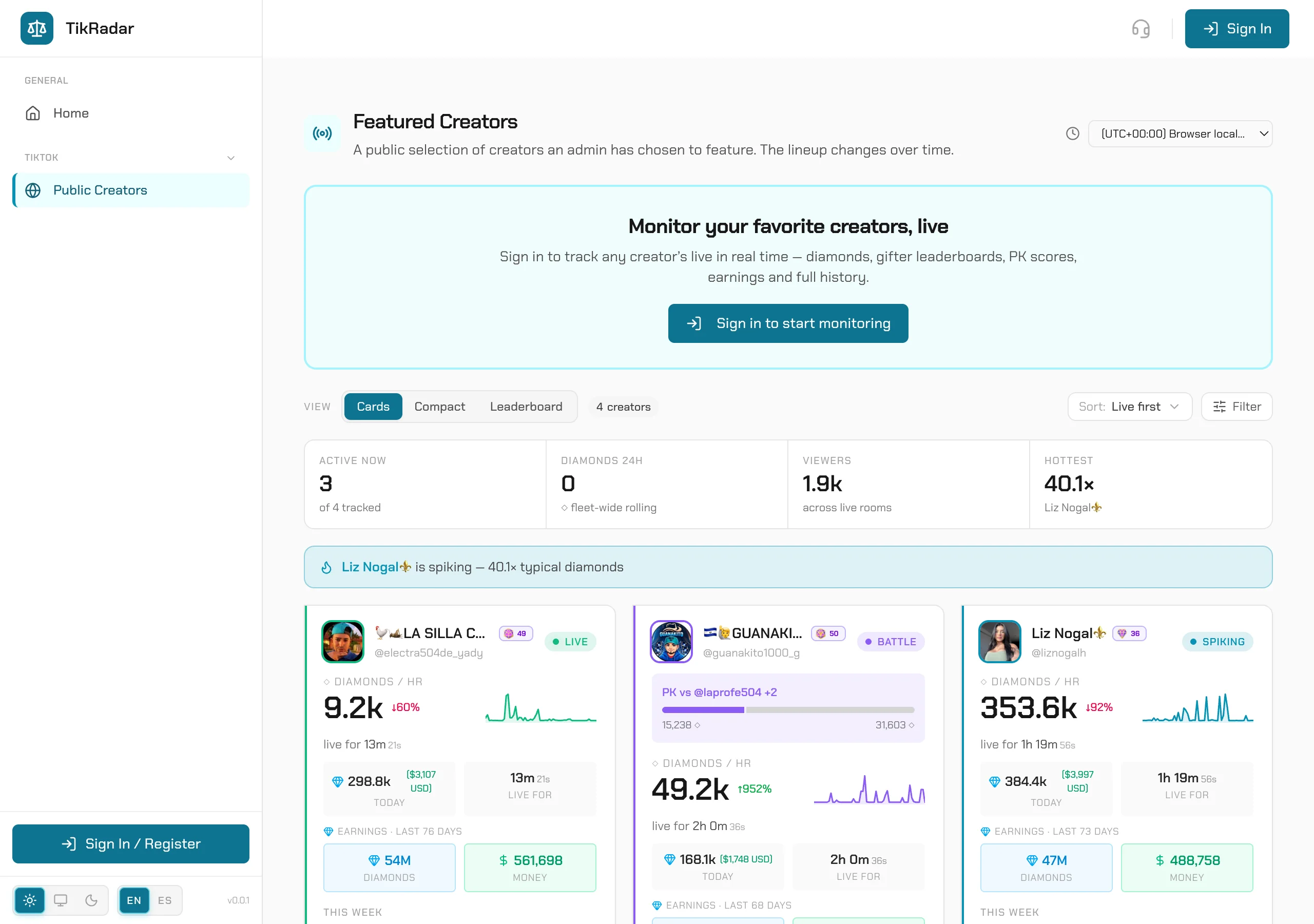 The TikRadar roster board with creator cards, live states and fleet stats