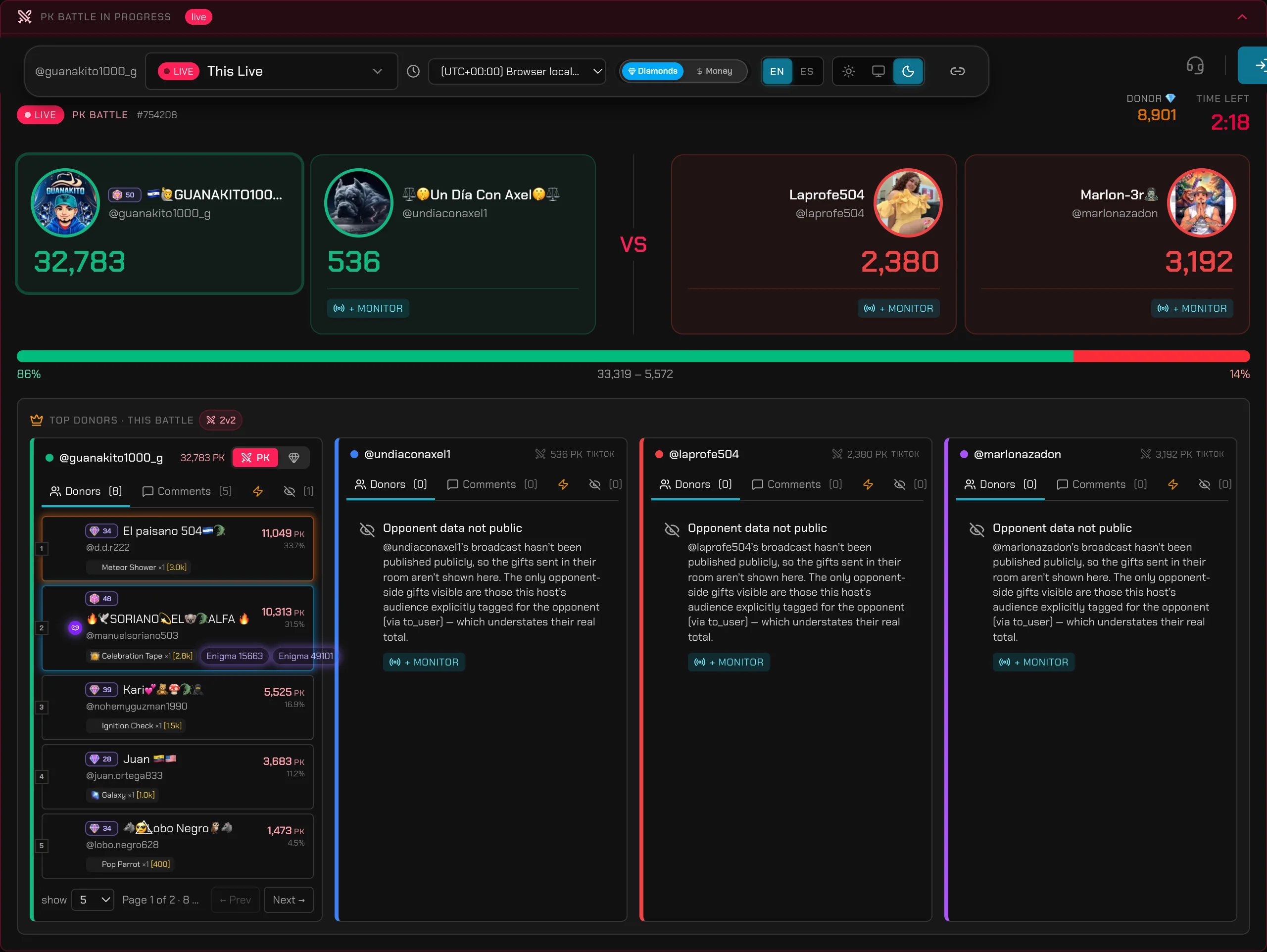 TikRadar scoring a live 2v2 TikTok team battle with per-side scores and time left