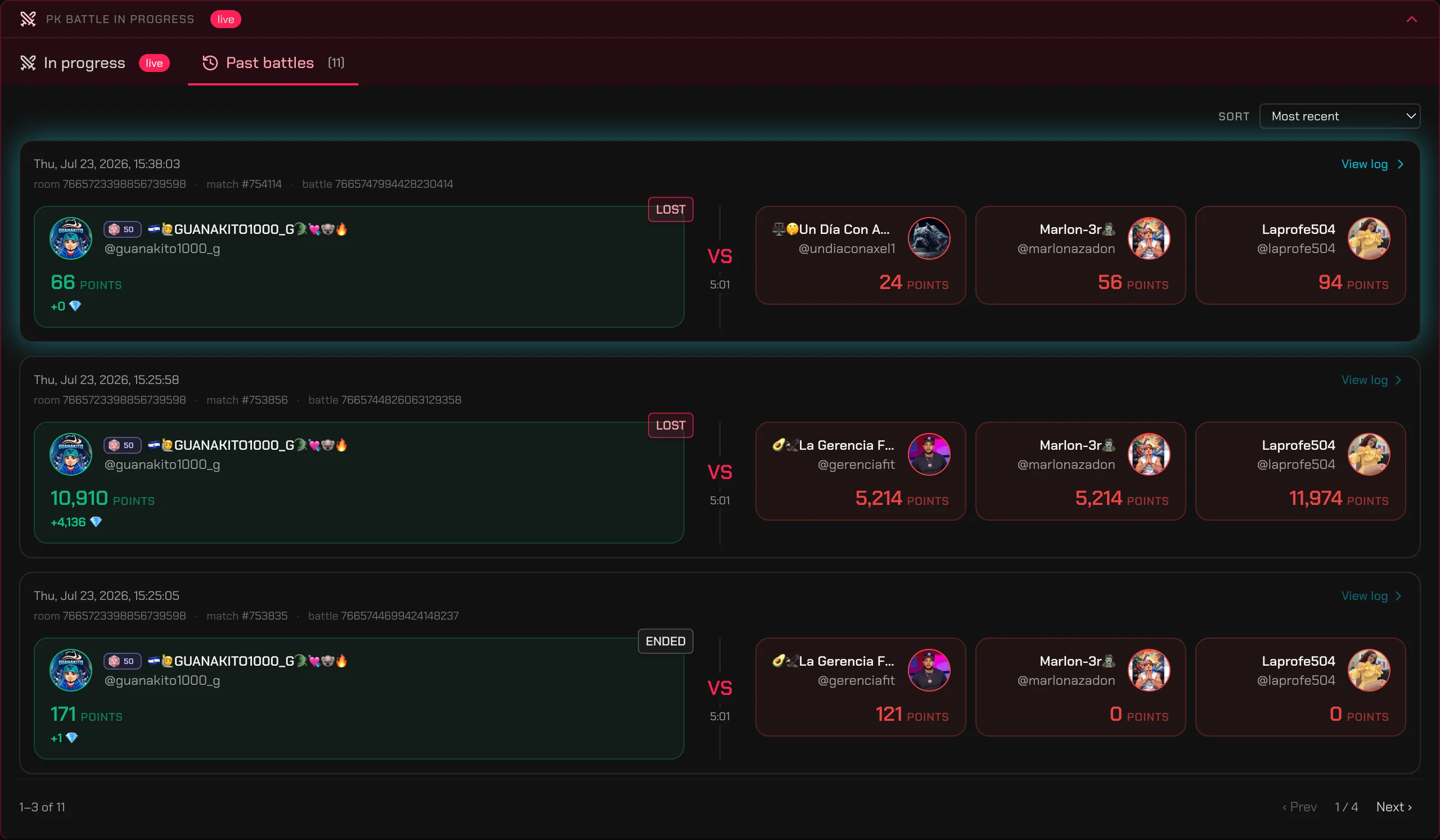 TikRadar past-battles list with per-battle results, points and opponent rosters