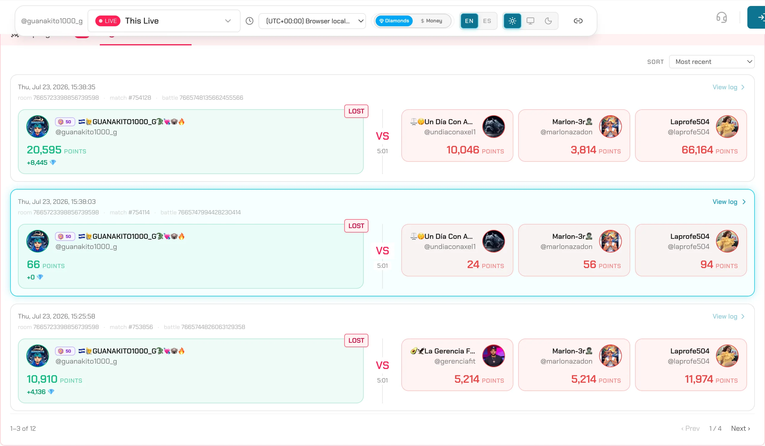TikRadar past-battles list with per-battle results, points and opponent rosters