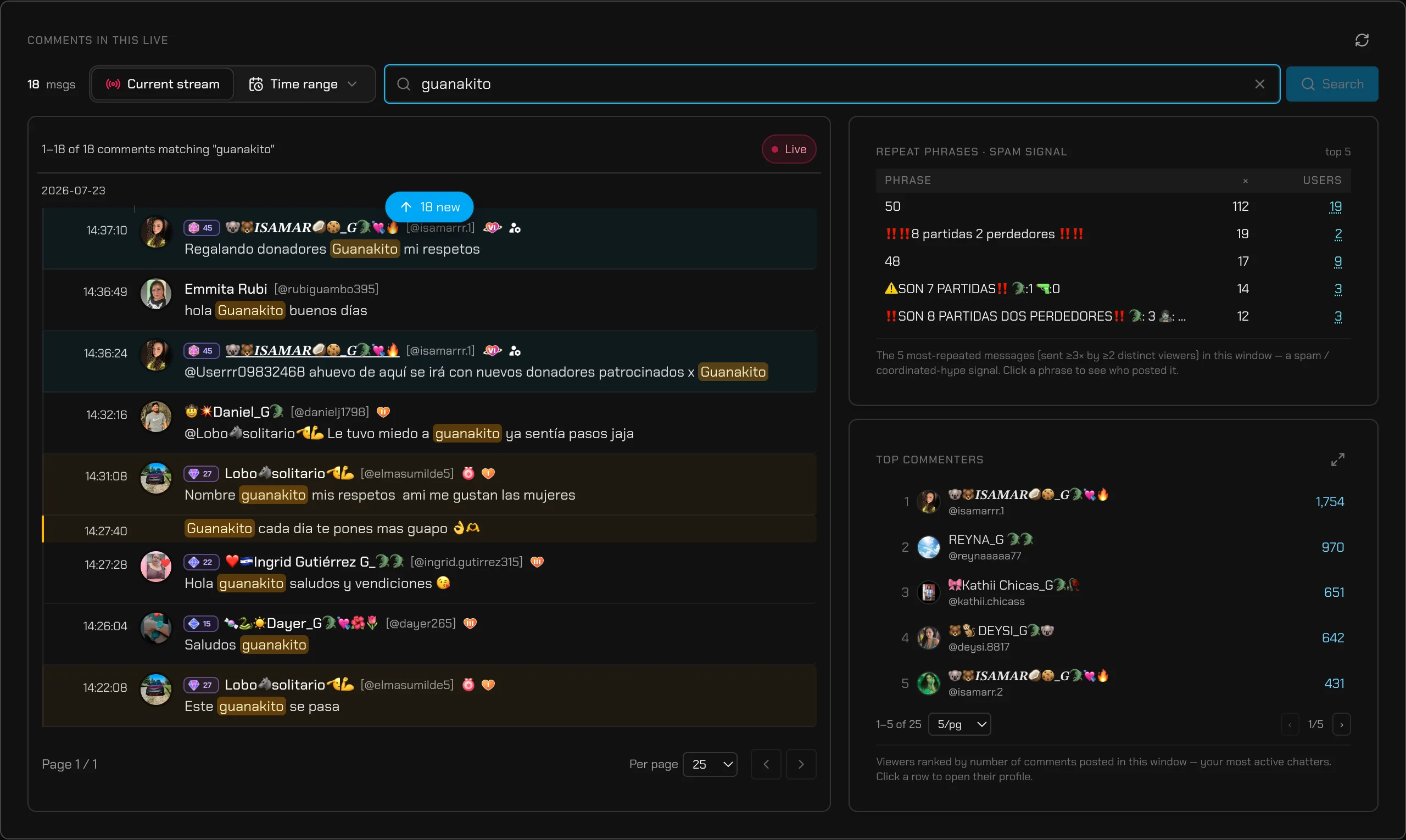 TikRadar comment search returning matches with level badges inside a live