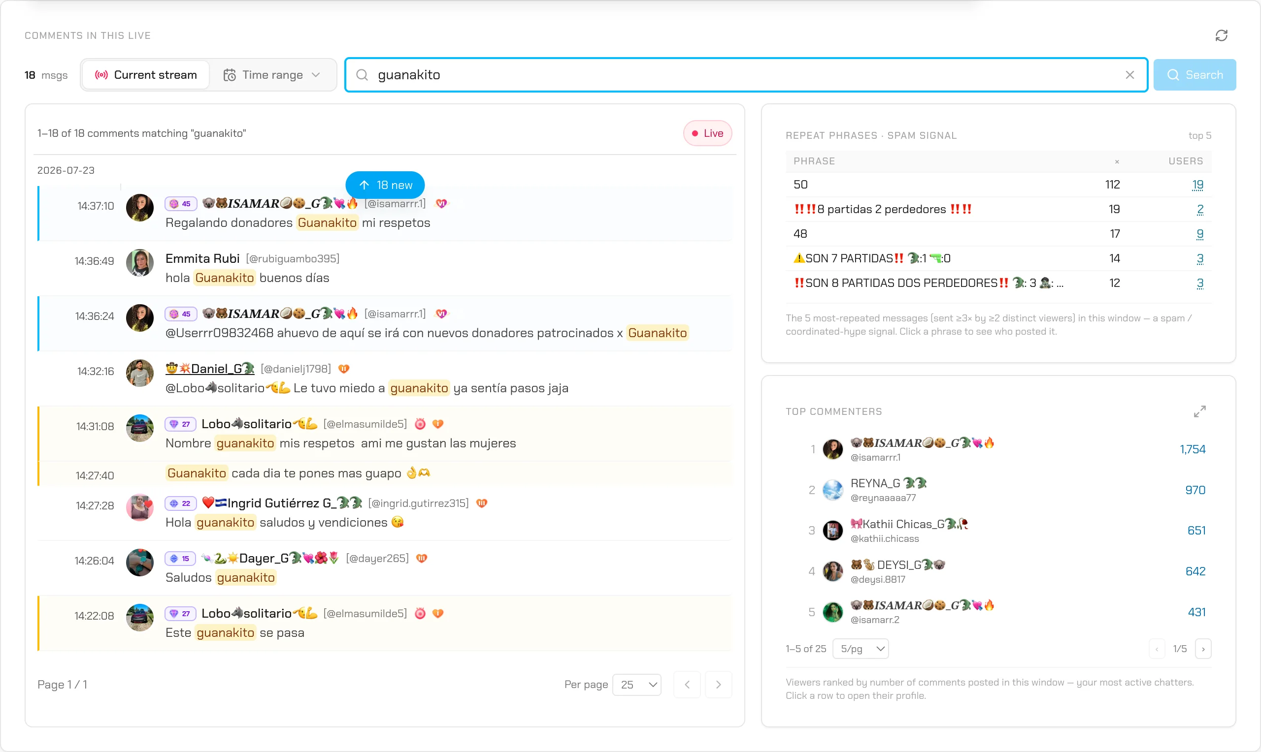 TikRadar comment search returning matches with level badges inside a live