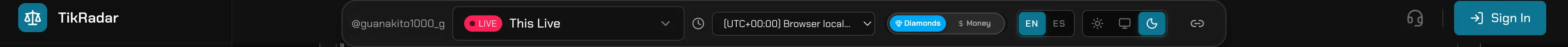 TikRadar toolbar with timezone selector, diamonds-money toggle, language and theme switches