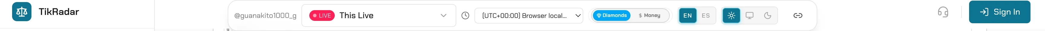 TikRadar toolbar with timezone selector, diamonds-money toggle, language and theme switches