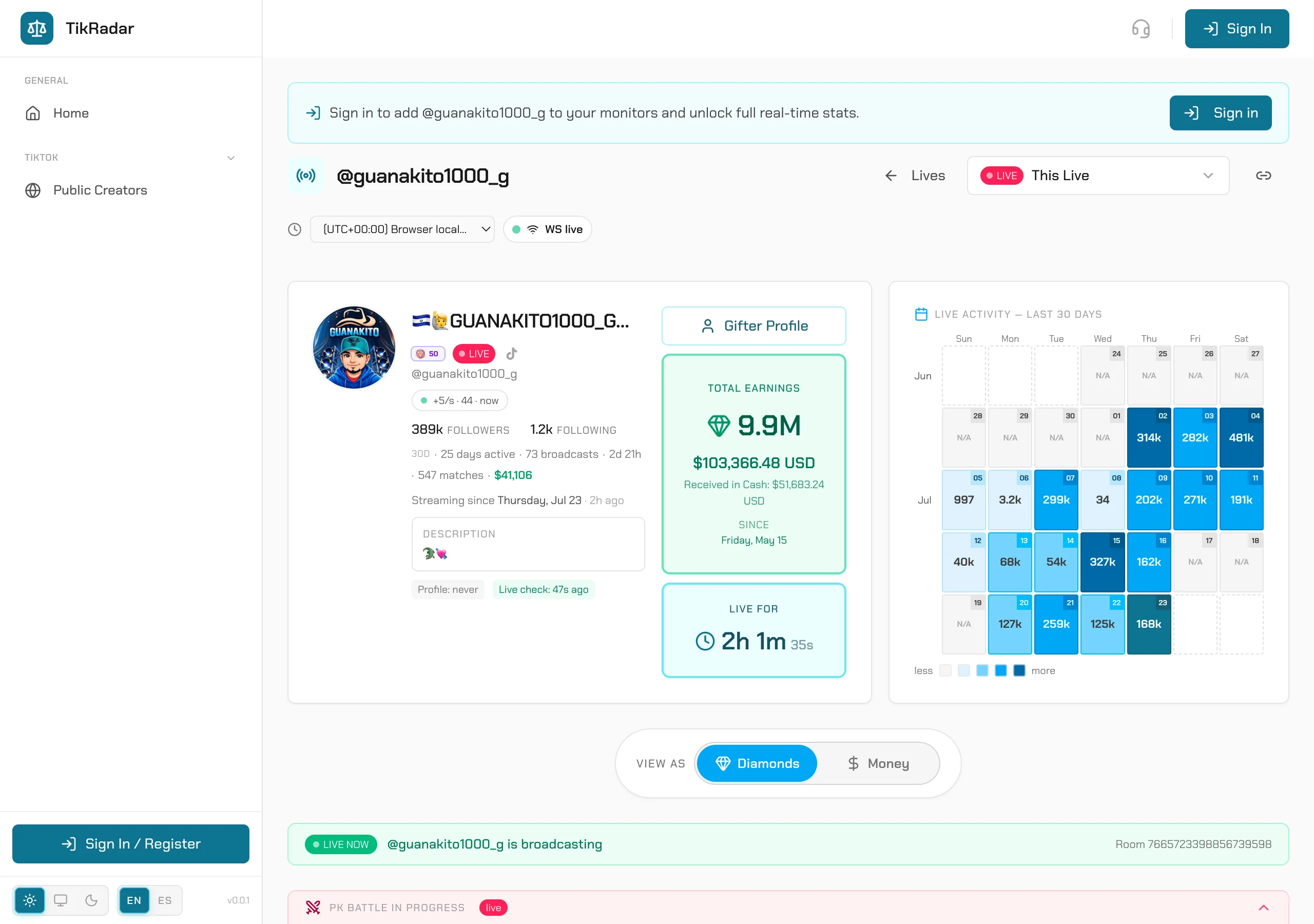 TikRadar creator header with total-earnings card and 30-day activity calendar