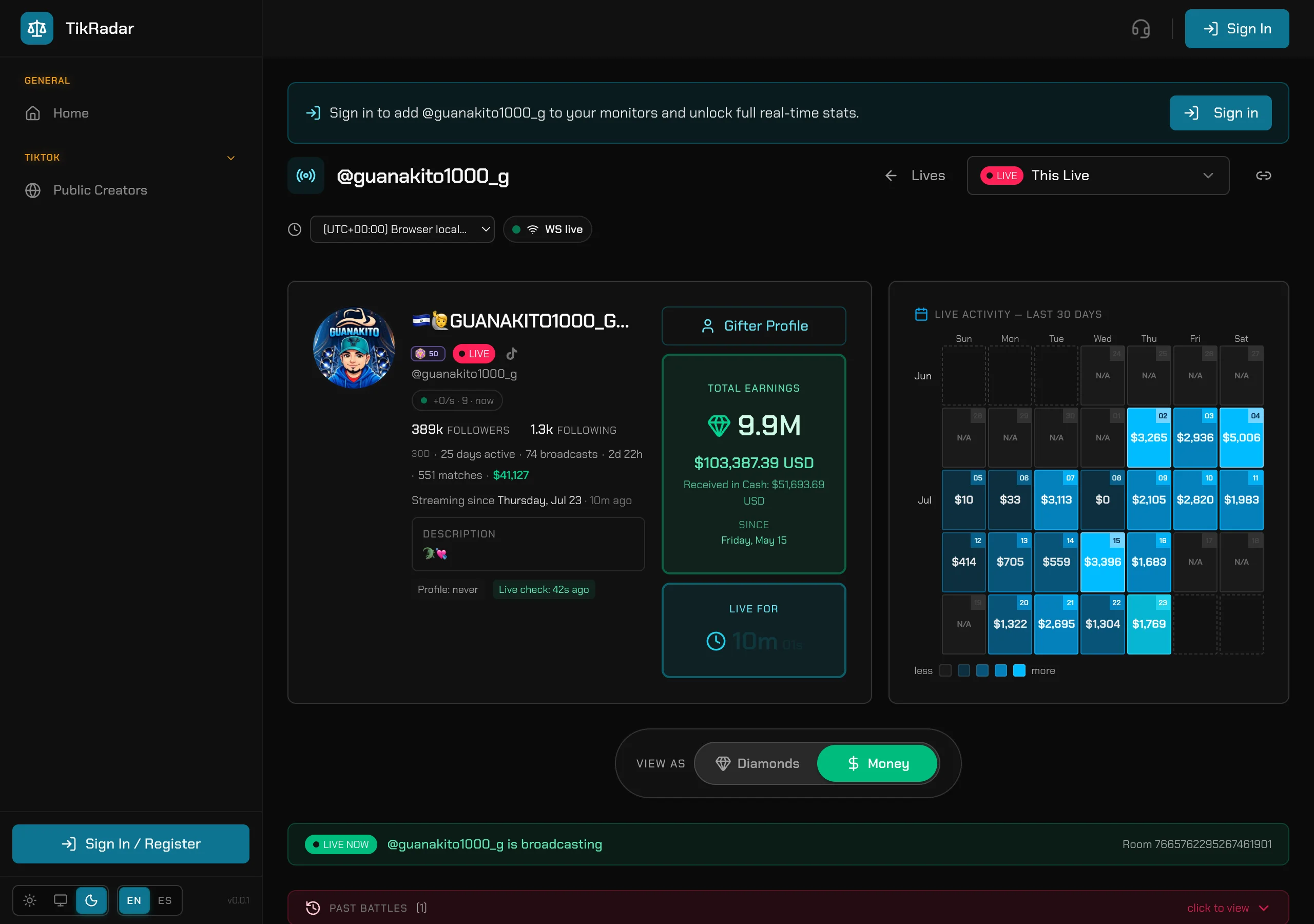 TikRadar live page flipped to money view, shareable at a stable URL