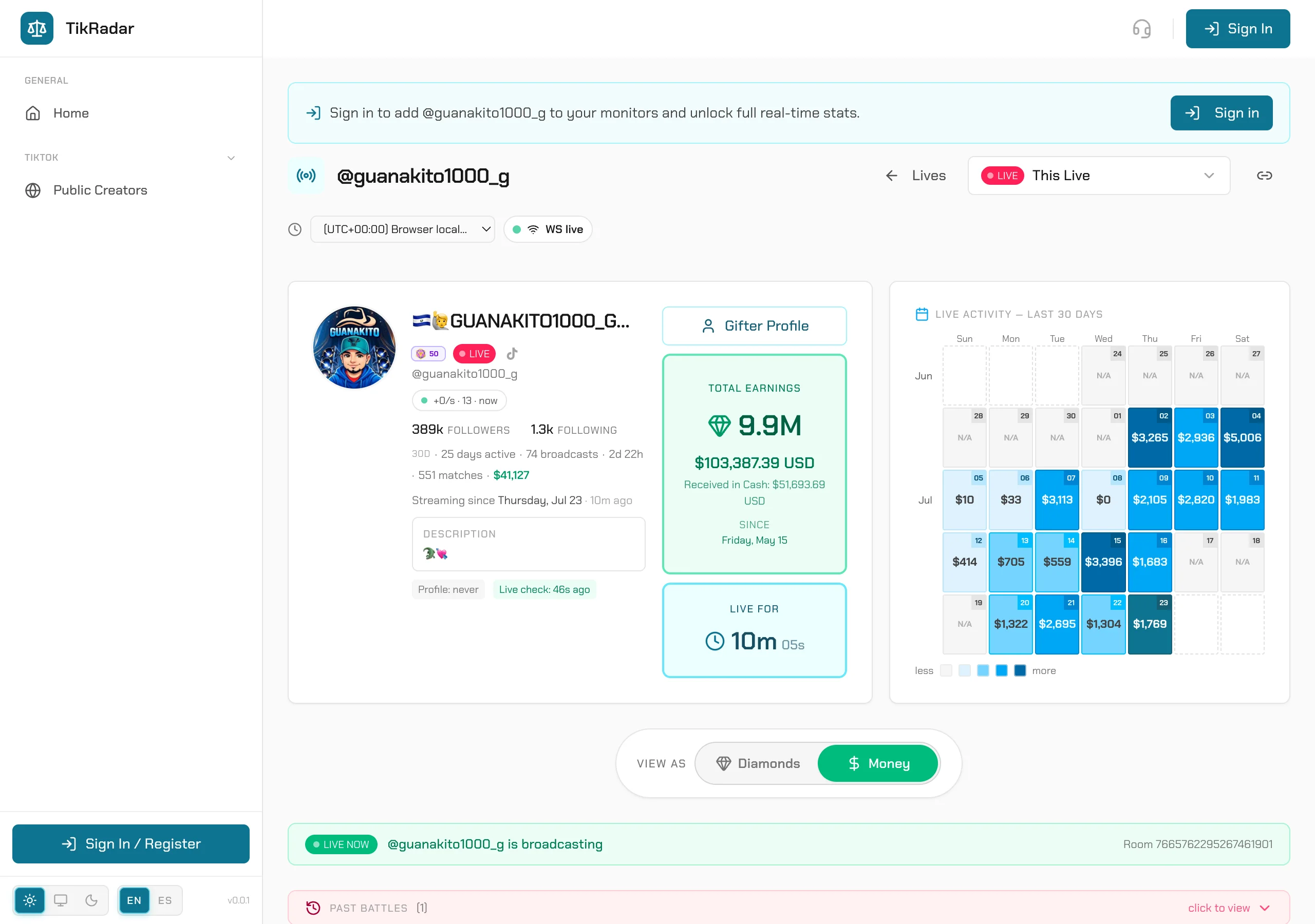 TikRadar live page flipped to money view, shareable at a stable URL