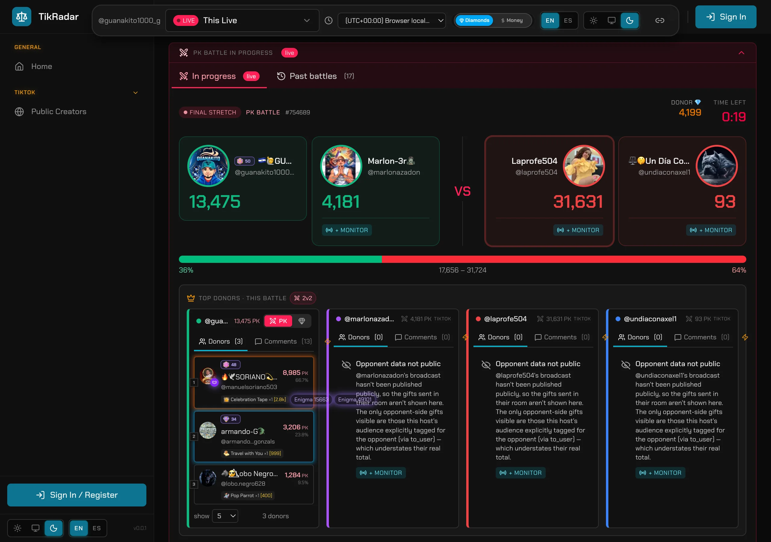 TikRadar scoring a live PK battle with per-side scores, countdown and donor rolls