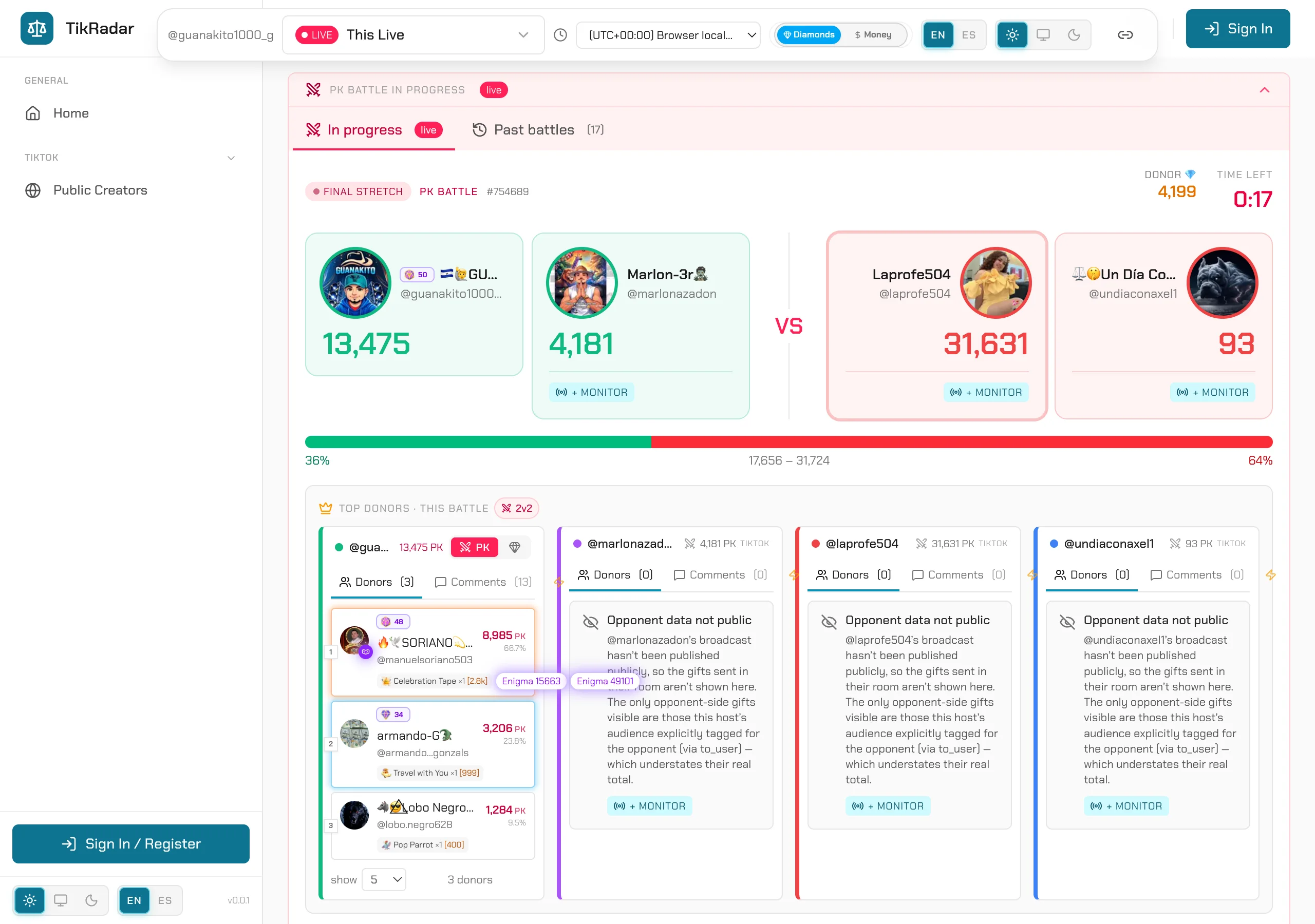 TikRadar scoring a live PK battle with per-side scores, countdown and donor rolls